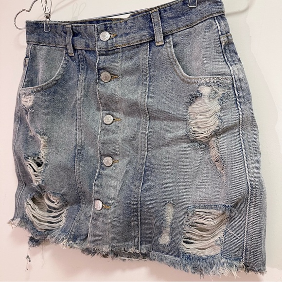 Free People Distressed Raw Hem Denim Skirt - Picture 2 of 7